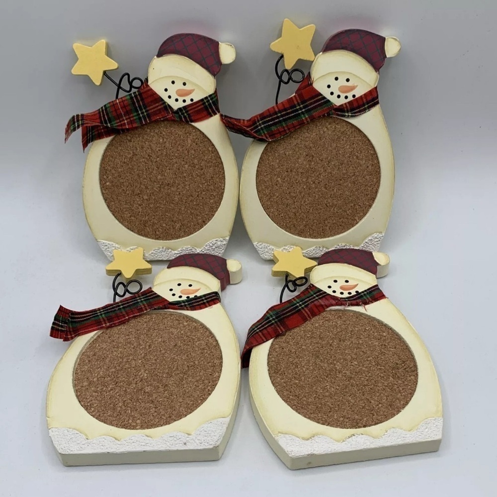 Snowman Coasters Set Lot Of 4 In Box Wood Primitive Folk Art Christmas
